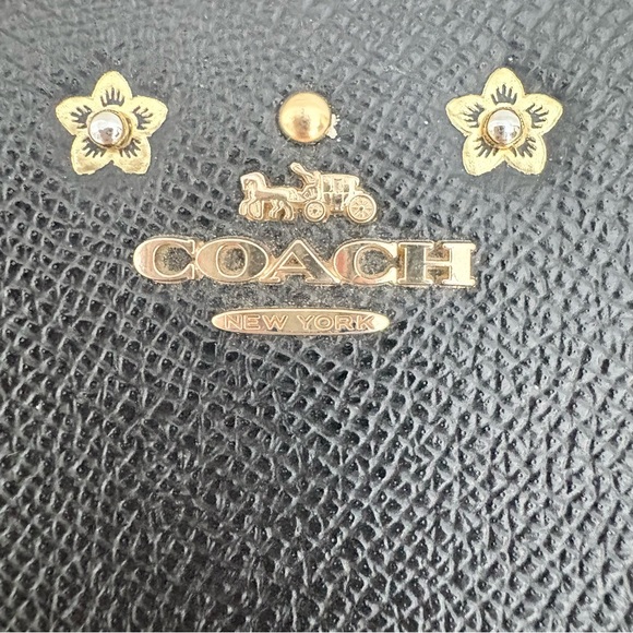 Coach Black Crossgrain Leather Tea Rose Rivet Small Zip Around Wallet • Pristine - Picture 5 of 5